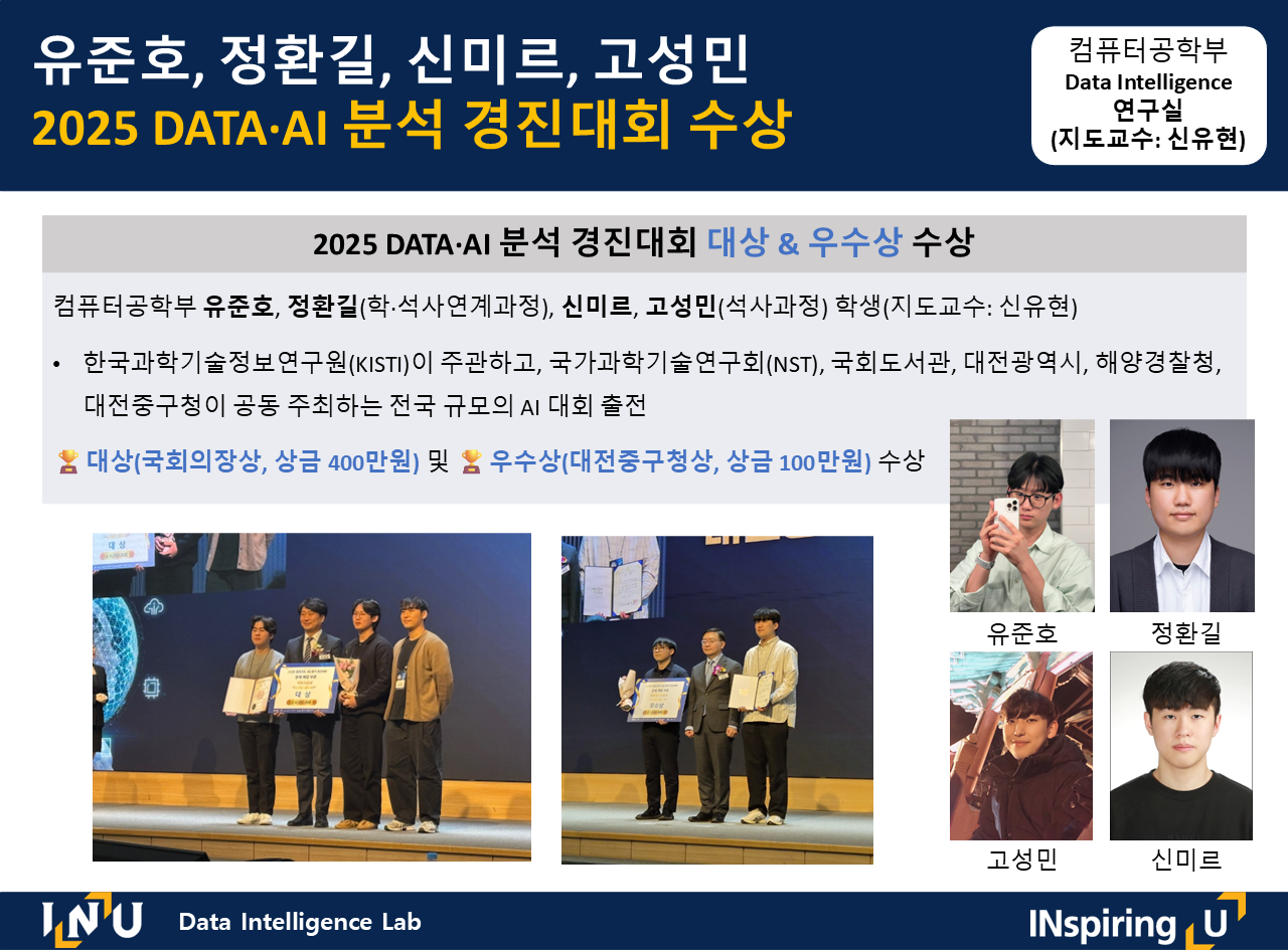 유준호, 정환길(학·석사연계과정), 신미르, 고성민(석사과정) (지도교수: 신유현) KISTI 경진대회 대상(국회의장상, 상금 400만원) 및 우수상(대전중구청상, 상금 100만원) 수상 첨부 이미지